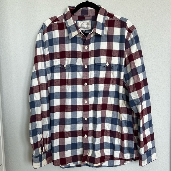 American Eagle Men's Soft Flannel Red & Blue Button Up Shirt - Picture 1 of 5